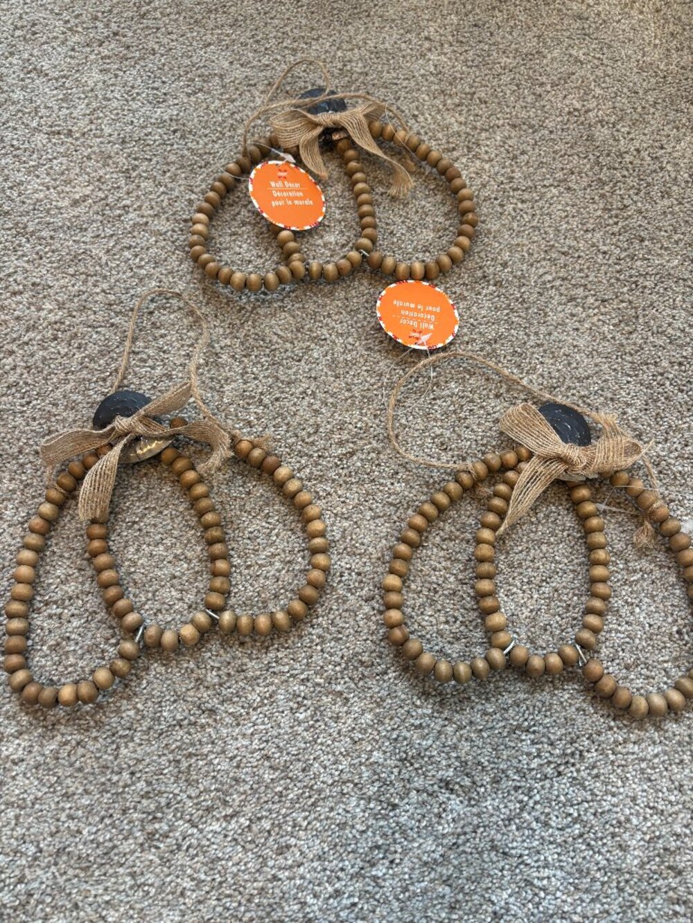 Set of 3 Rustic Wooden Bead Pumpkin Hanging Ornaments / Wall Decor (NWT)